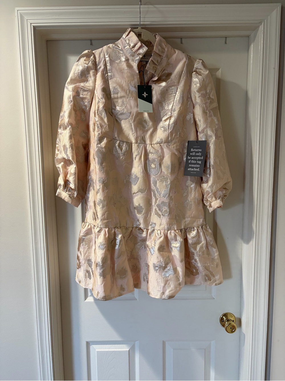 Tuckernuck Cream Metallic Brocade Puff-Sleeve Mini Dress with Ruffle Hem - Picture 2 of 4